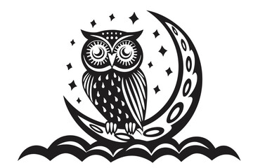 Detailed Owl Perched on Crescent Moon with Starry Night