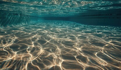 Naklejka premium Sunlight streams through pool water, underwater perspective