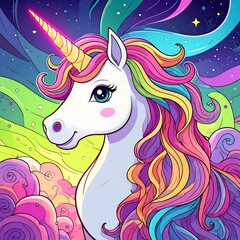 Colorful unicorn with rainbow mane and a golden horn, against a backdrop of swirling pastel clouds and stars