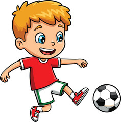 Happy cartoon soccer boy with blue eyes, yellow shirt and red shoes, standing with soccer ball, peace sign, sports fun.