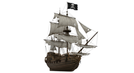 Pirate ship sailing with skull and crossbones flag isolated PNG with Transparent Background