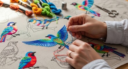 Obraz premium Embroidery Artwork in Progress: Close-up of Hands Stitching Colorful Bird Design