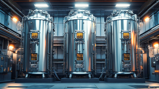 Three large stainless steel bioreactors in an industrial setting, representing advanced biotechnology and industrial fermentation processes