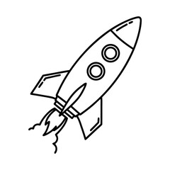 Simple illustration of a rocket ship in black and white, ready for takeoff and space exploration
