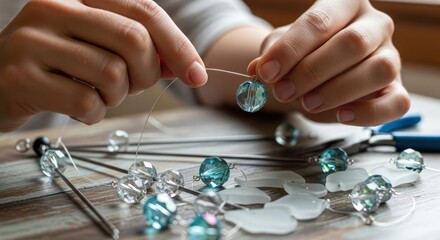 Woman's Hands Making Jewelry with Crystal Beads and Wire on a Wooden Table