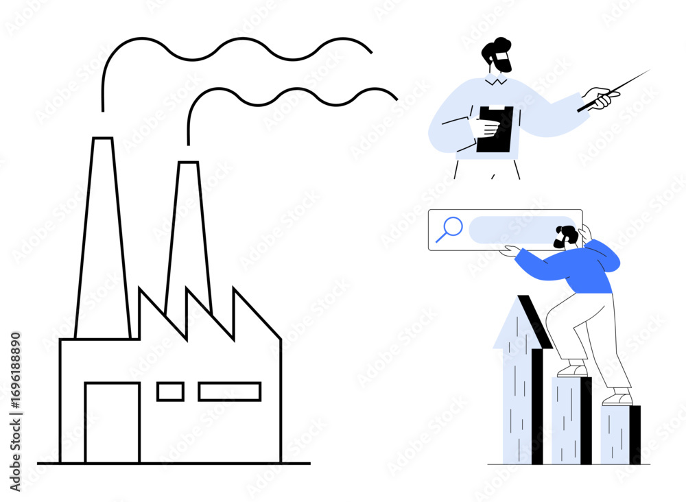 Poster factory with smoke stacks, person presenting data with a pointer, another climbing bar charts viewin