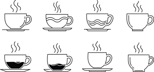 Set of simple black and white steaming coffee cups with different patterns and levels of coffee, icons for hot beverage and tea.
