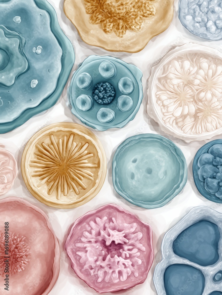 Poster microscopic exploration of colorful cell structures showcasing various shapes and textures found in 