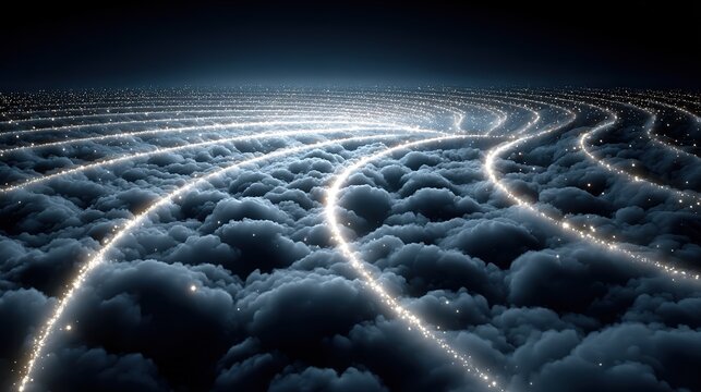 Three Electric Currents Converge in Starry Blue Clouded Night Sky