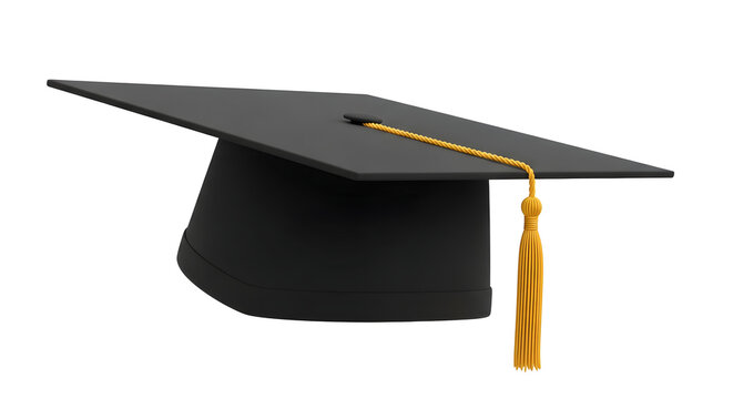 A black academic mortarboard graduation cap with a golden tassel, isolated against a plain white background.