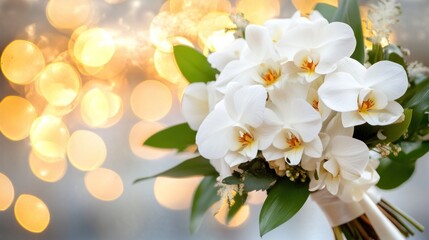 Fototapeta premium Close-up of a white orchid bouquet, soft bokeh background