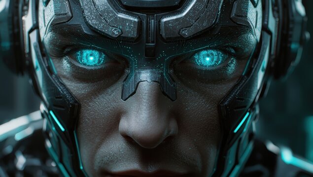 Modern cybernetic android man. Futuristic half-human half-robot face close-up. Artificial intelligence technology concept.