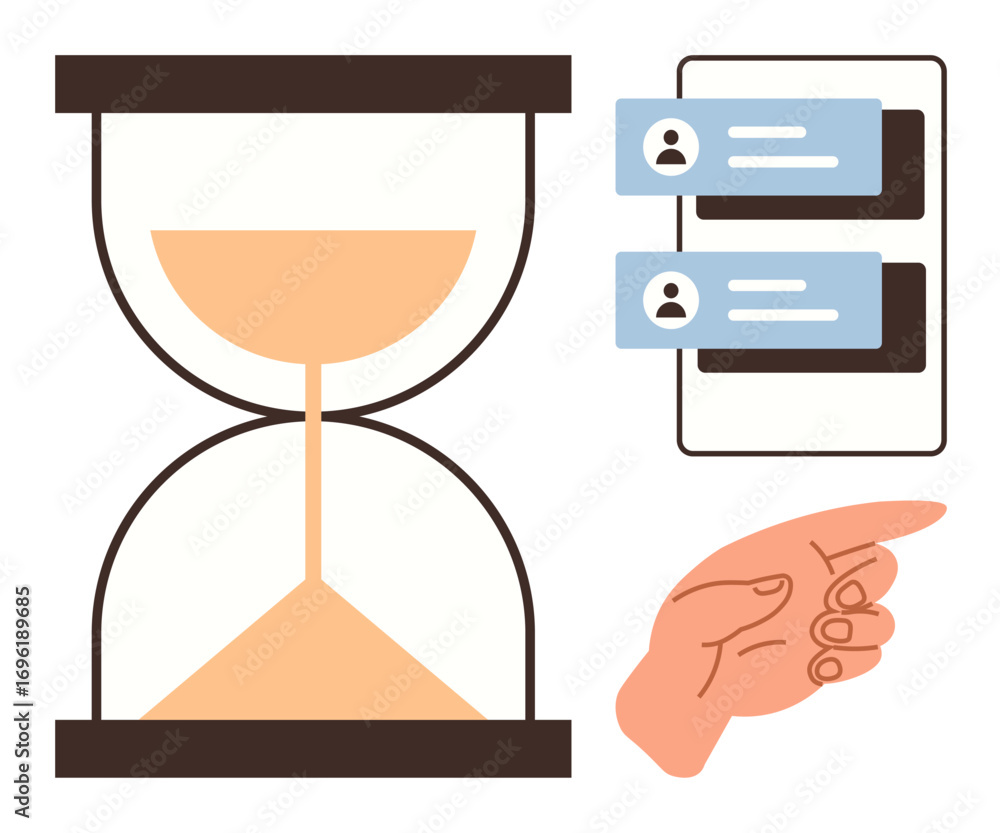 Poster hourglass beside a messaging interface with user profiles, highlighted by a pointing hand. ideal for