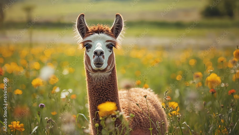 Poster a curious brown and white llama gazes directly at the camera while standing in an open field.