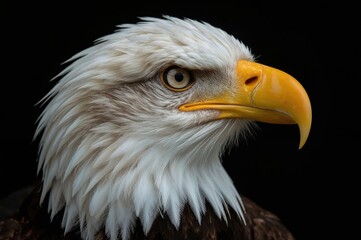 Fototapeta premium A Bald Eagle (Haliaeetus leucocephalus) displayed against a dark backdrop.
