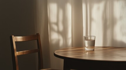 Sunlight streams through a window, illuminating a simple wooden table and chair, with a glass of water