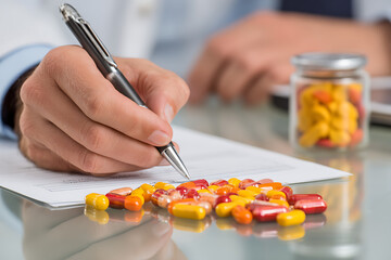 Doctor writing prescription for colorful pills on glass table