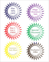 “Colorful Circular Sale Badges with Sunburst Design for Discounts and Promotions”