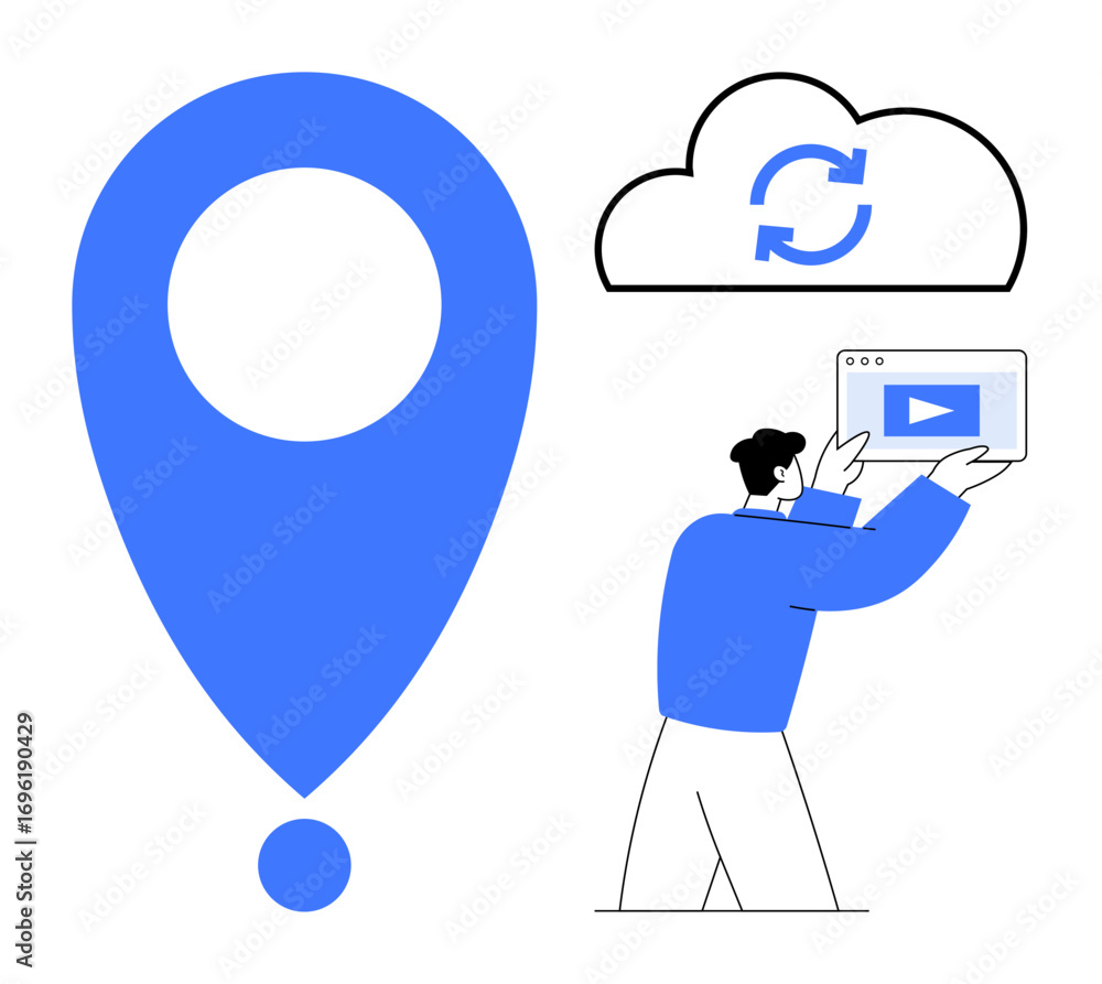 Poster man holding tablet with video play button, large location pin, cloud with update arrows. ideal for t