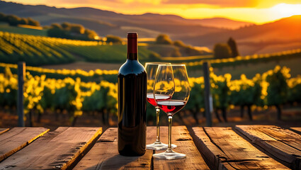 Wine bottle and glass on rustic wooden table with vineyard sunset backdrop
