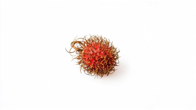 A single rambutan fruit isolated on a plain white surface