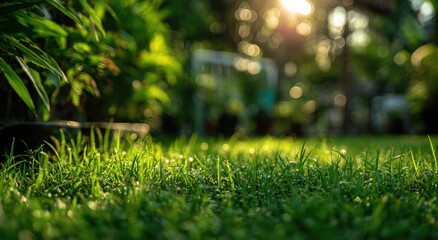 Naklejka premium Lush green grass bathed in sunlight (1)