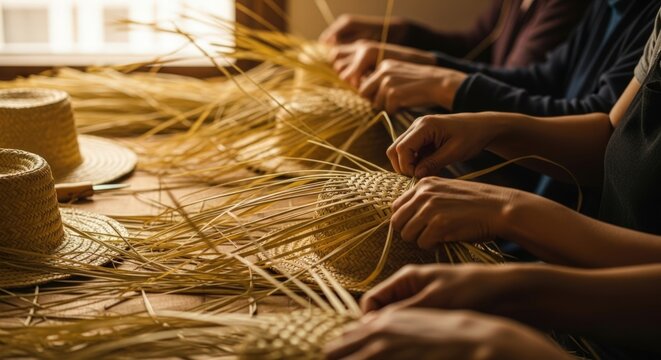 Women handcrafting traditional straw hats in a workshop, close-up of hands and weaving process