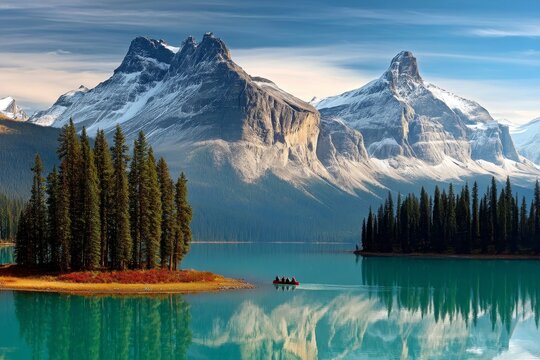 Canoeing on a tranquil lake surrounded by majestic mountains and evergreen forests in the morning sunlight