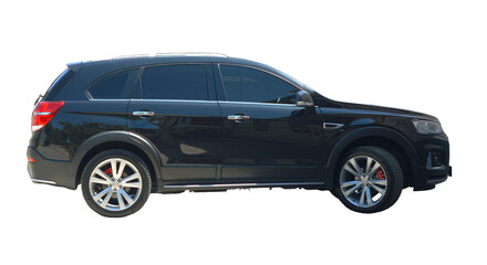 A modern black car shines on a white background