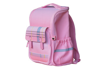 A pink children's backpack stands on a white background.