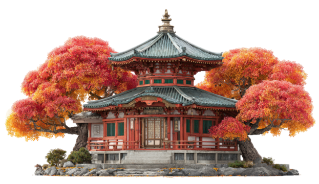 Autumnal Japanese Pagoda, detailed. Lush fall foliage surrounds a traditional pagoda, with terracotta and teal roof tiles