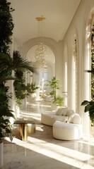 A sun-drenched interior hallway displays a luxurious, creamy white seating area and a decorative chandelier amidst lush greenery.
