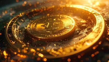 A glowing golden Bitcoin cryptocurrency coin rests on a dark, textured surface surrounded by fiery, sparkling embers.