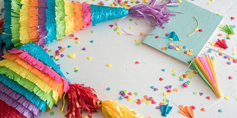 Fototapeta premium Mexican pinata confetti and decorations arranged on white surface suitable for festive celebration designs cultural promotional materials holiday graphics and event marketing projects
