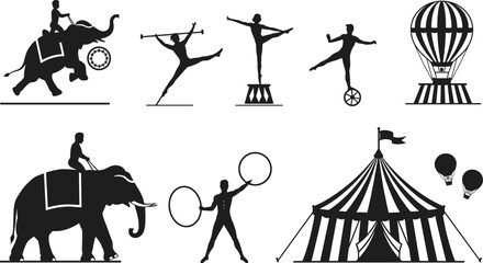 Silhouettes of circus performers with elephants, acrobats, jugglers, hot air balloons, unicyclists, and big top circus tent illustrations. © MDALRAFIN