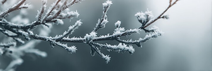 Frost-covered Branch Glistens in the Early Morning Light of a Serene Winter Landscape