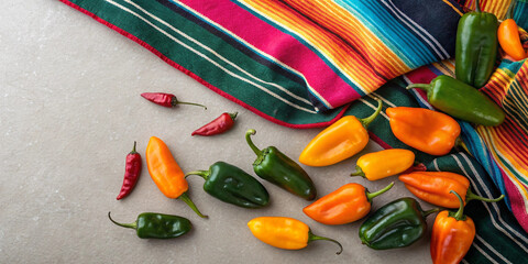 Green red orange and yellow chili peppers on textile background suitable for mexican cuisine themes, food packaging design, culinary promotional graphics and cultural celebration projects