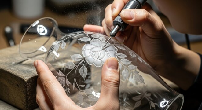 Close-up of Glass Engraver Crafting Floral Design on Vase with Rotary Tool