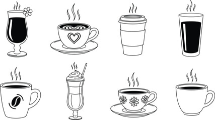 Variety of hot coffee drinks in different cups and glasses, including latte art, takeaway cup, and whipped cream coffee, black and decorative.