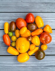 Assorted colorful tomatoes on a gray wooden surface