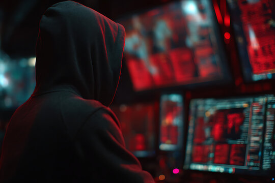 Hacker breaking into corporate servers from his dark room