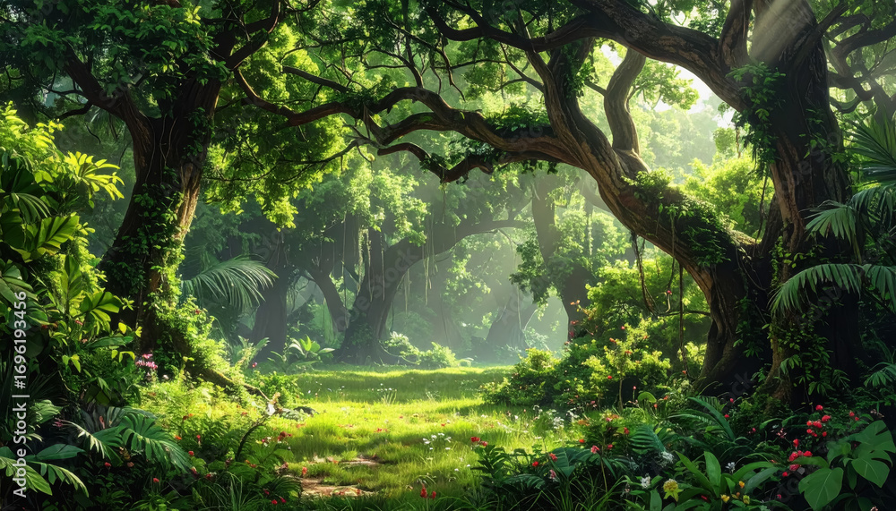 Poster a dense forest filled with towering trees and lush greenery creating a peaceful and tranquil natural