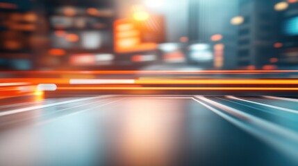 Abstract futuristic cityscape with orange light streaks. Blurry urban background with metallic surfaces