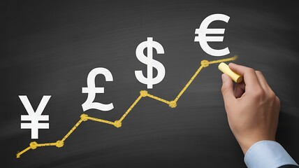 Financial growth chart showing yen pound dollar and euro currency symbols ascending.