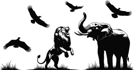 Wildlife silhouette illustration with lion, elephant, flying birds, African savanna scene, black and white animal vector, nature design art