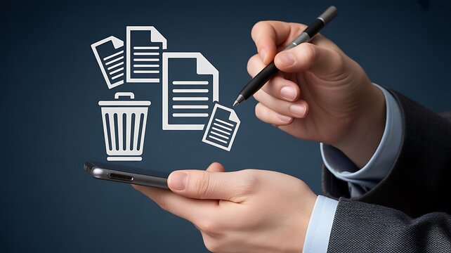 Smartphone data management deleting documents digital information organization and processing concepts.
