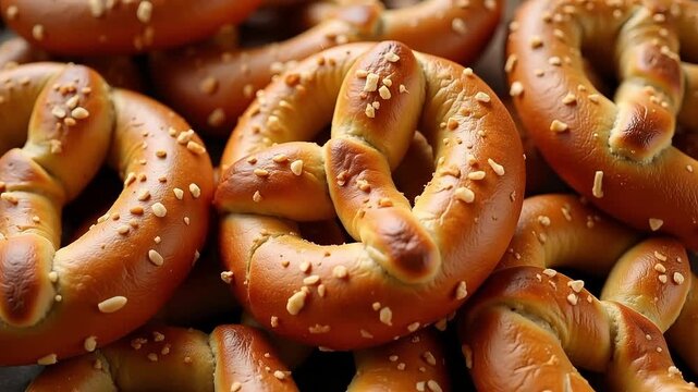 Delicious golden brown soft pretzels piled high, a tempting baked snack.