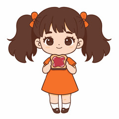 A cute cartoon girl with brown pigtails and an orange dress holding a piece of toast with jam.