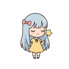 Fototapeta premium A cute chibi-style illustration of a young girl with light blue hair and a yellow dress holding a star wand.