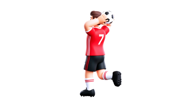 3d cartoon soccer player dynamic throw, action pose, game animation, isolated on transparent background